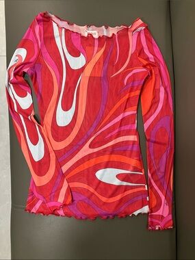 Emilio Pucci Red Pink Orange Swirl Long-Sleeve Mesh Top